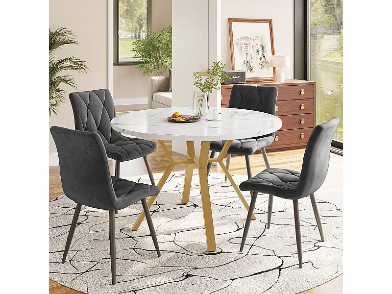 Tavolo completo rotondo MDF effetto marmo 100 cm con 4 sedie velluto grigio pieds metallo dorato