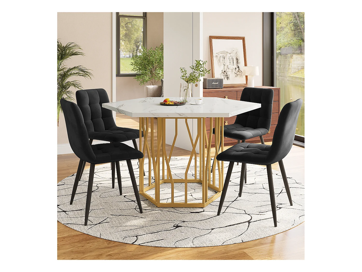 Mesa de jantar hexagonal com efeito mármore branco 115x100 cm com 4 cadeiras de veludo preto com pernas douradas