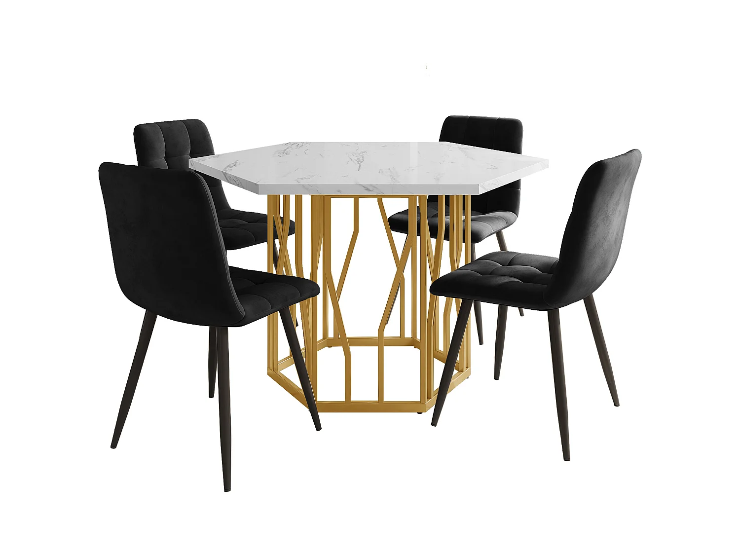 Mesa de jantar hexagonal com efeito mármore branco 115x100 cm com 4 cadeiras de veludo preto com pernas douradas