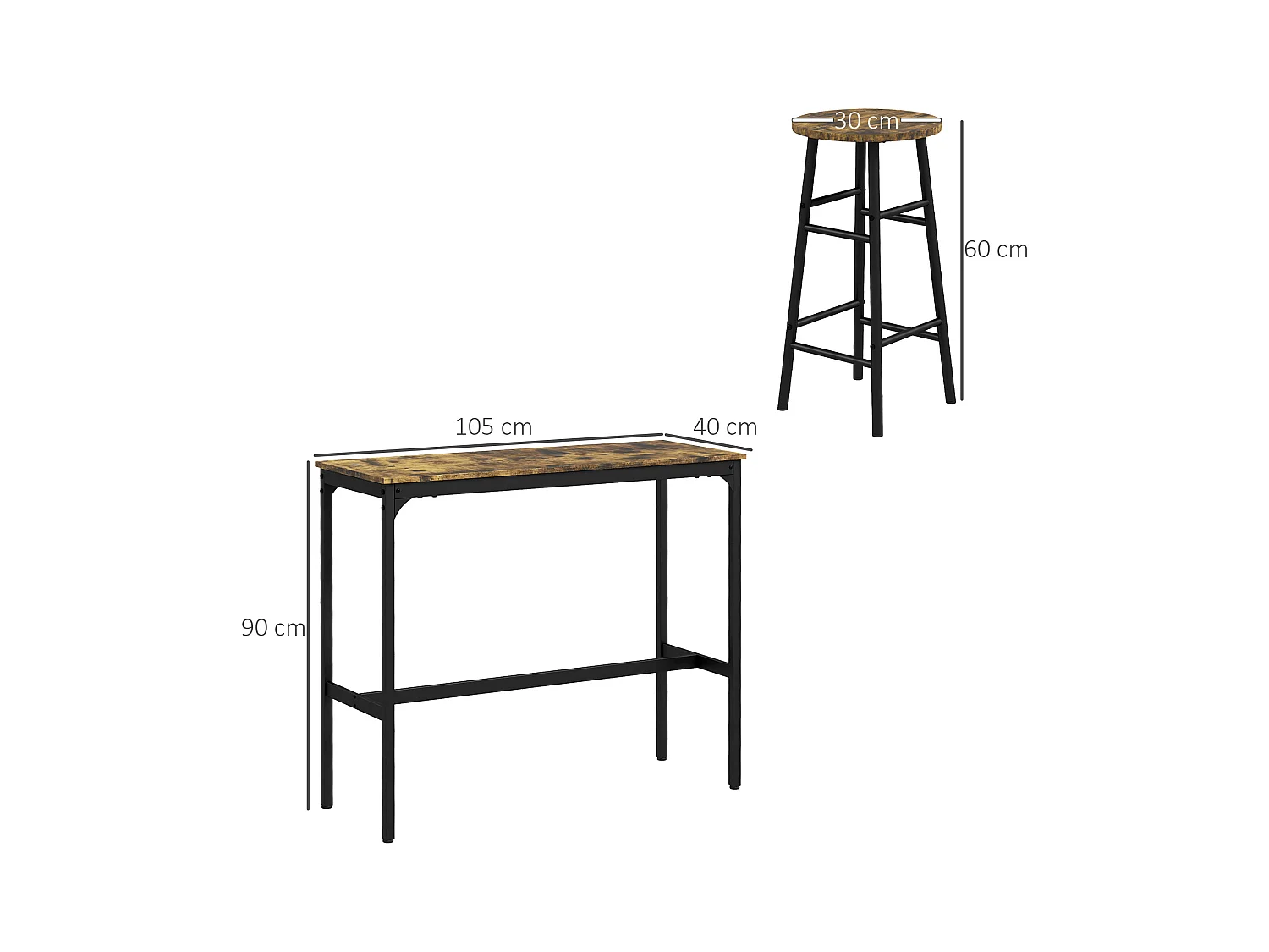 Conjunto de bar de 3 peças com mesa de metal MDF e 2 bancos para cozinha e sala de estar em marrom rústico