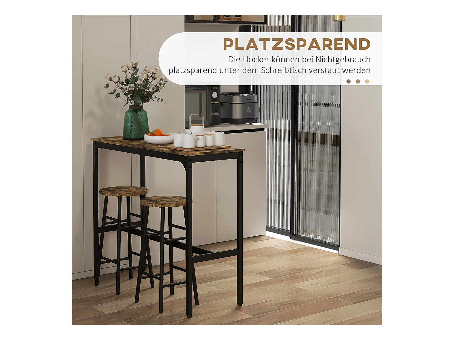 Conjunto de bar de 3 peças com mesa de metal MDF e 2 bancos para cozinha e sala de estar em marrom rústico