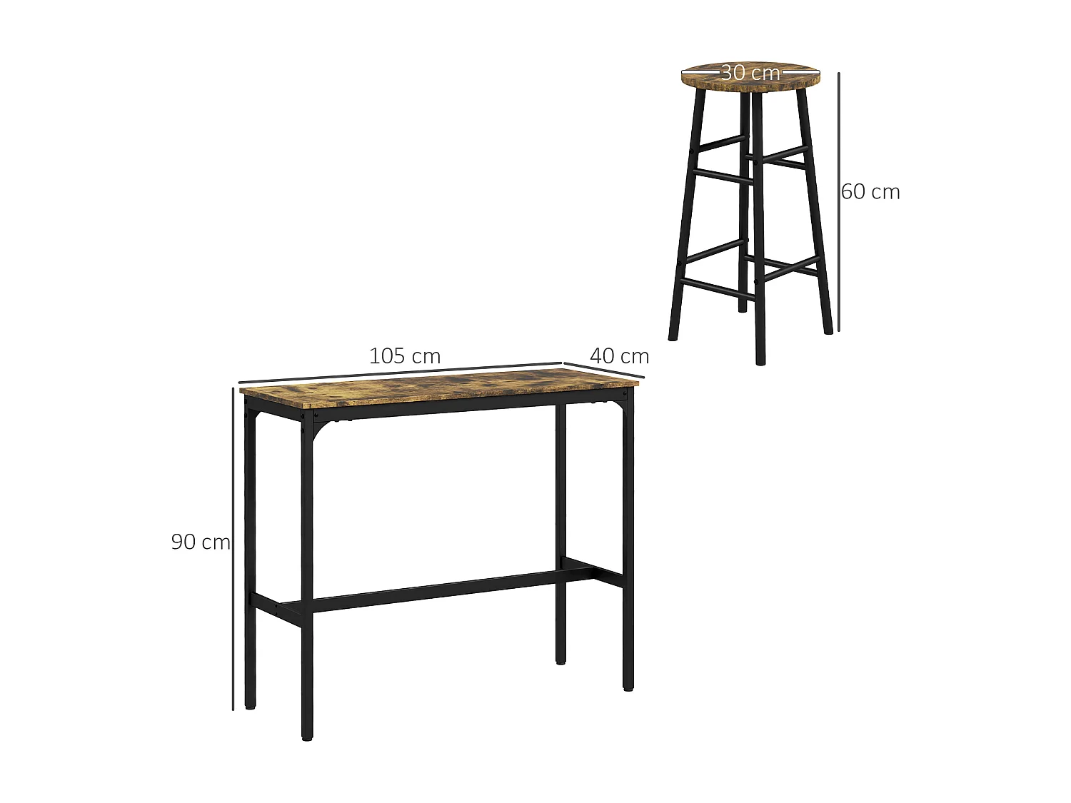 Conjunto de bar de 3 piezas con mesa de metal MDF y 2 taburetes para cocina y salón en marrón rústico
