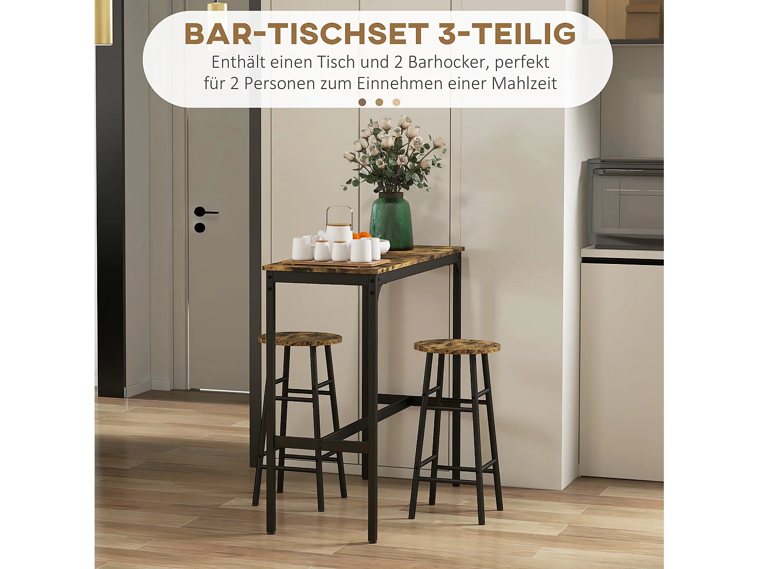 Conjunto de bar de 3 piezas con mesa de metal MDF y 2 taburetes para cocina y salón en marrón rústico