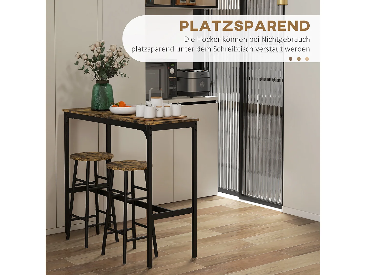 Conjunto de bar de 3 piezas con mesa de metal MDF y 2 taburetes para cocina y salón en marrón rústico
