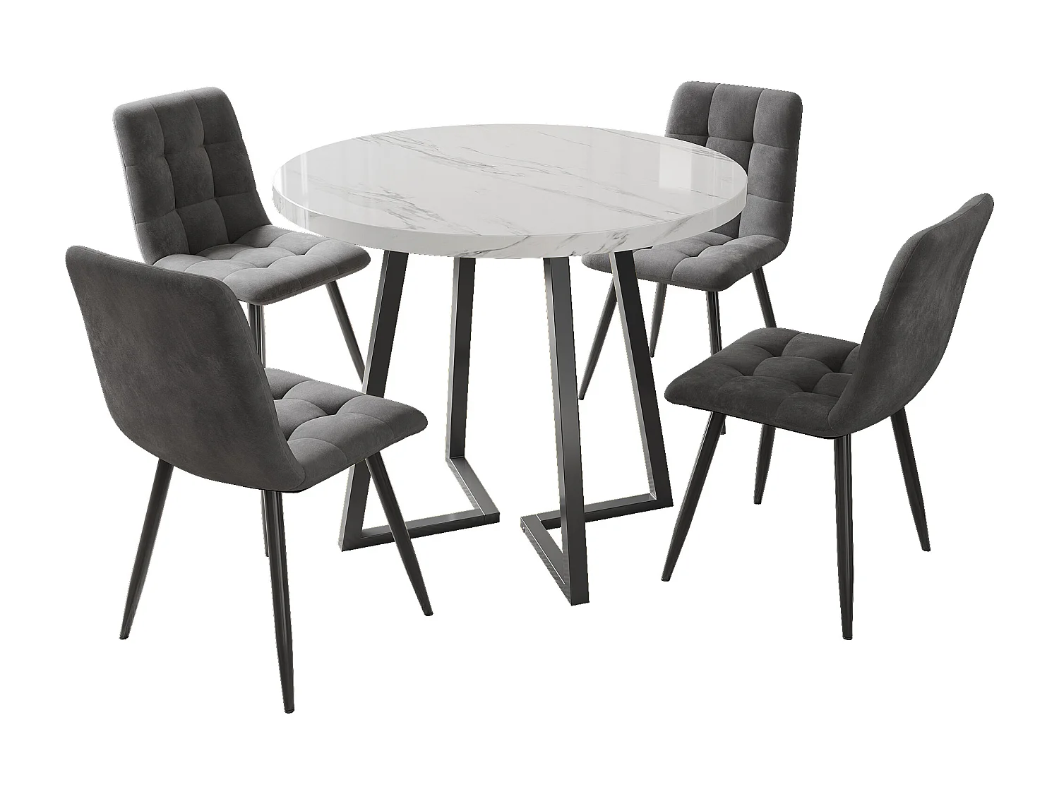 Conjunto de mesa redonda de 5 peças 80 cm MDF branco + cadeiras de veludo cinza escuro metal preto