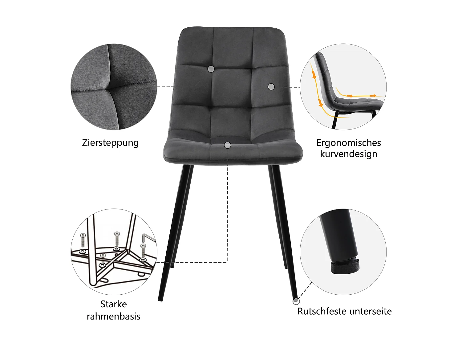 Conjunto de mesa redonda de 5 peças 80 cm MDF branco + cadeiras de veludo cinza escuro metal preto