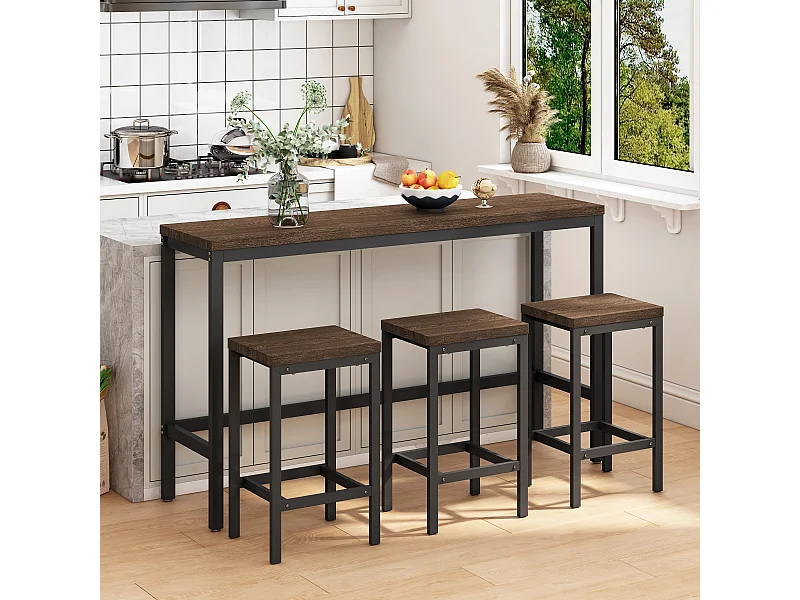 Conjunto de mesa de bar de 4 peças MDF metal cozinha sala de jantar 148x40x90 cm marrom escuro