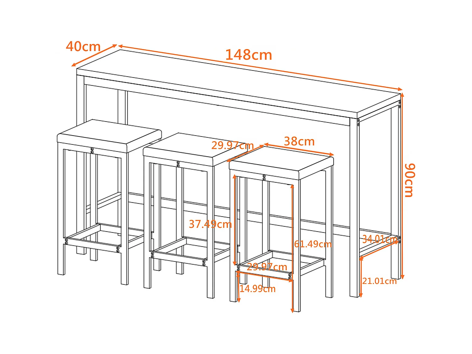 Conjunto de mesa de bar de 4 peças MDF metal cozinha sala de jantar 148x40x90 cm marrom escuro