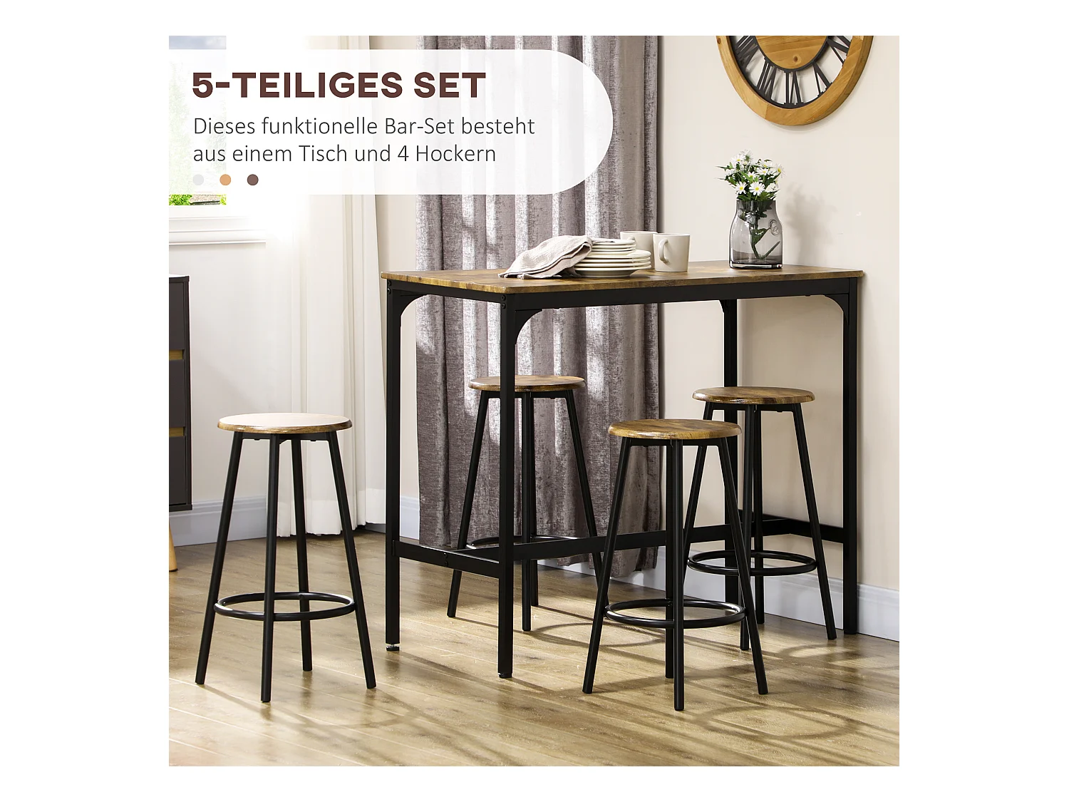 Conjunto de bar de 5 peças com mesa de metal MDF e 4 bancos para cozinha industrial e sala de estar, marrom e preto, 110 x 50 x 89 cm