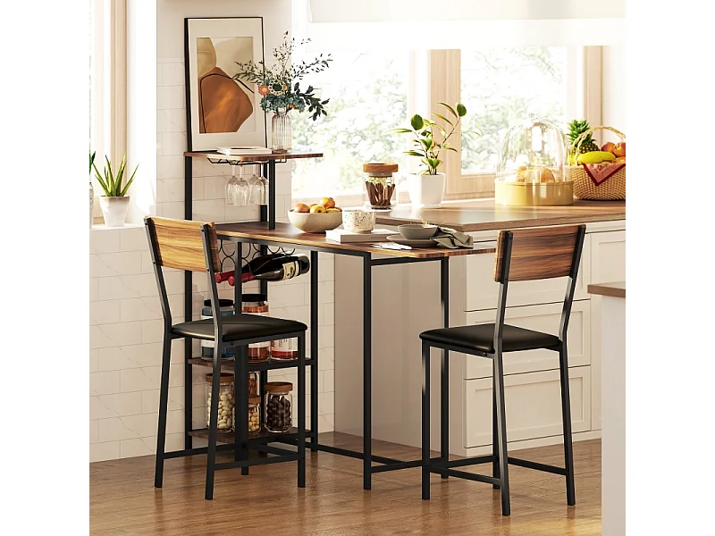 Conjunto de bar de 3 peças, mesa alta 110-140x40 cm + 2 bancos, madeira marrom, metal preto