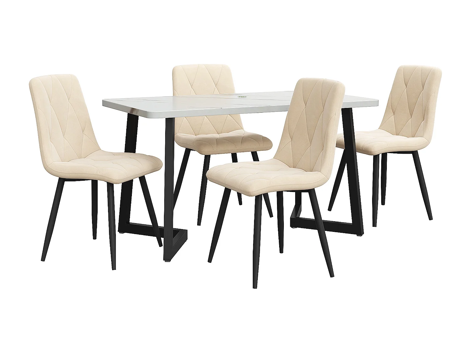 Conjunto de 5 peças para sala de jantar, mesa de 117 x 68 cm, MDF branco, efeito mármore, pernas de metal, cadeiras de veludo bege
