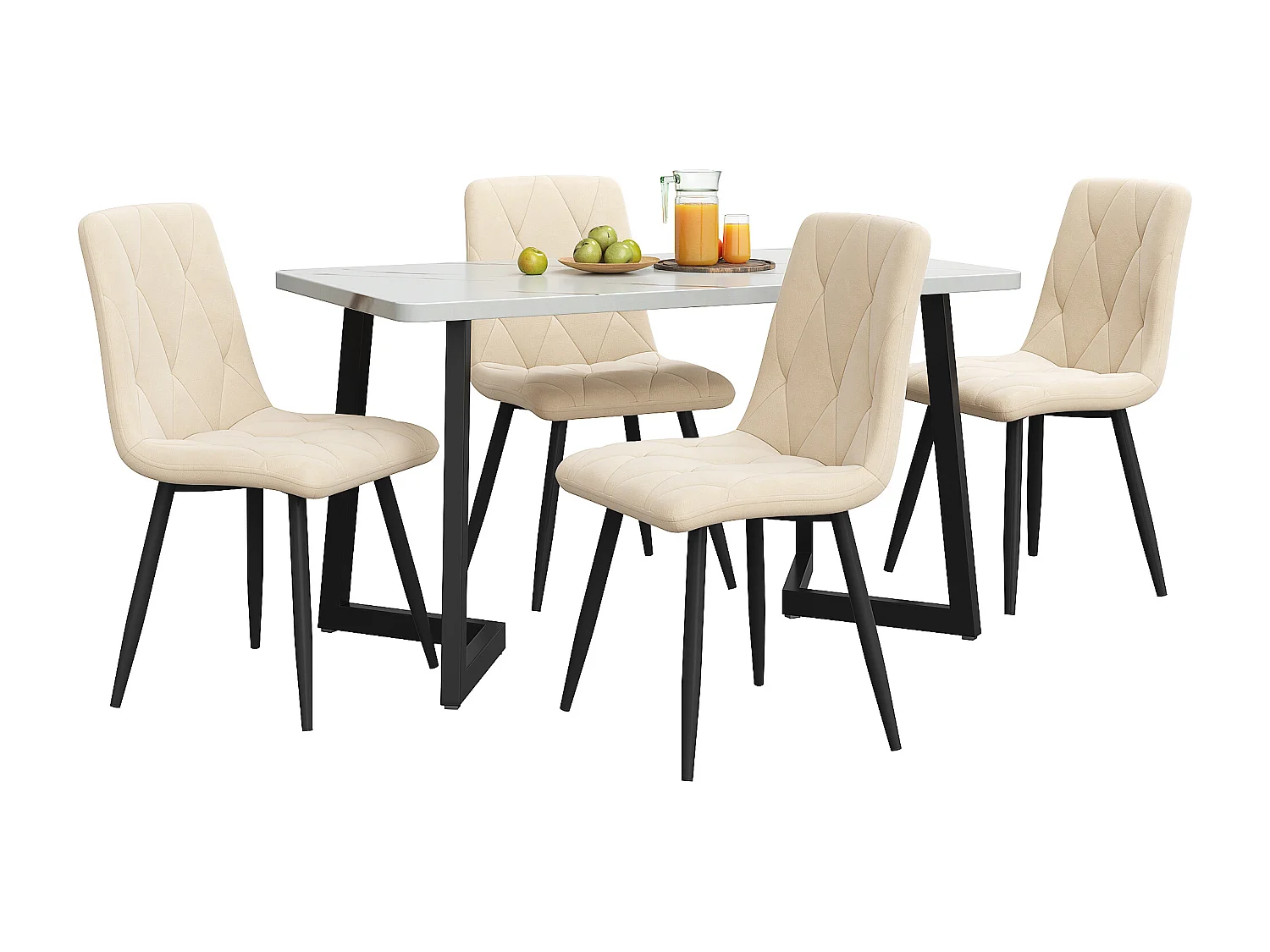 Conjunto de 5 peças para sala de jantar, mesa de 117 x 68 cm, MDF branco, efeito mármore, pernas de metal, cadeiras de veludo bege