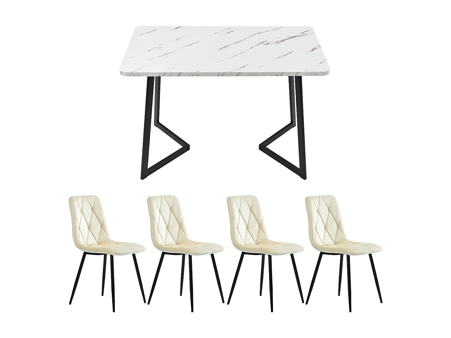Conjunto de 5 peças para sala de jantar, mesa de 117 x 68 cm, MDF branco, efeito mármore, pernas de metal, cadeiras de veludo bege