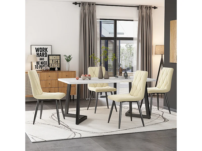 Juego de comedor de 5 piezas, mesa de 117×68 cm, MDF blanco, efecto mármol, patas de metal, sillas de terciopelo beige