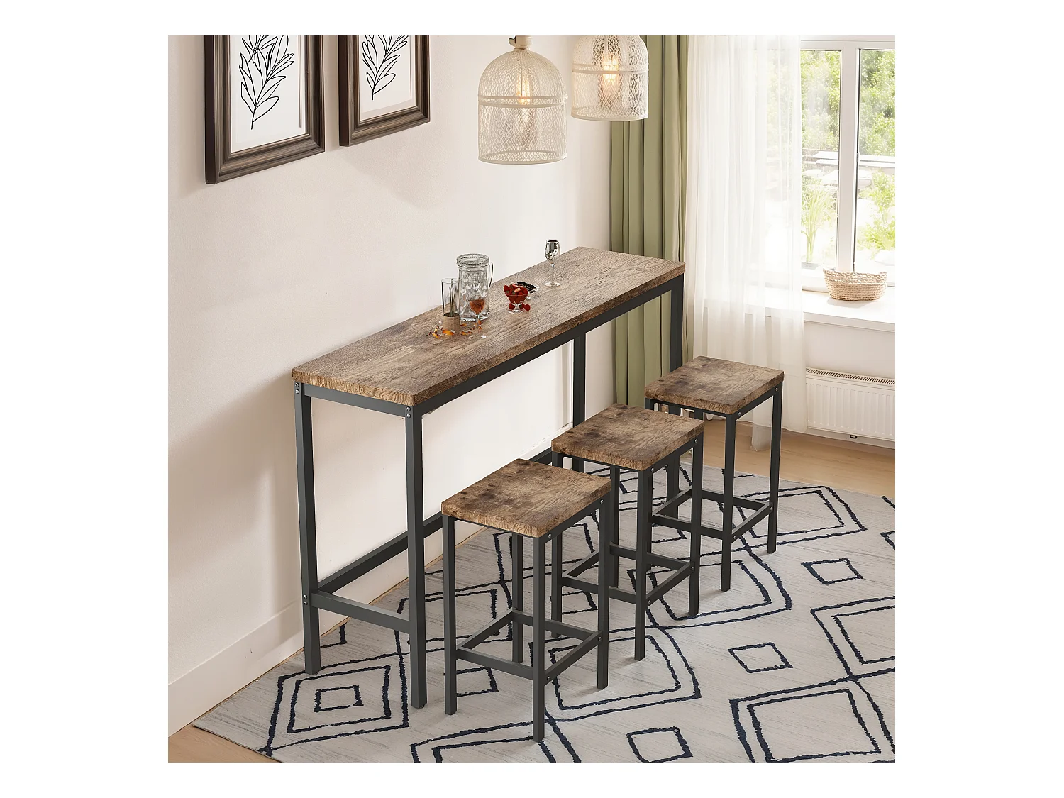 Insieme tavolo bar 4 pezzi MDF metallo cucina salle à manger 148x40x90 cm bois naturel