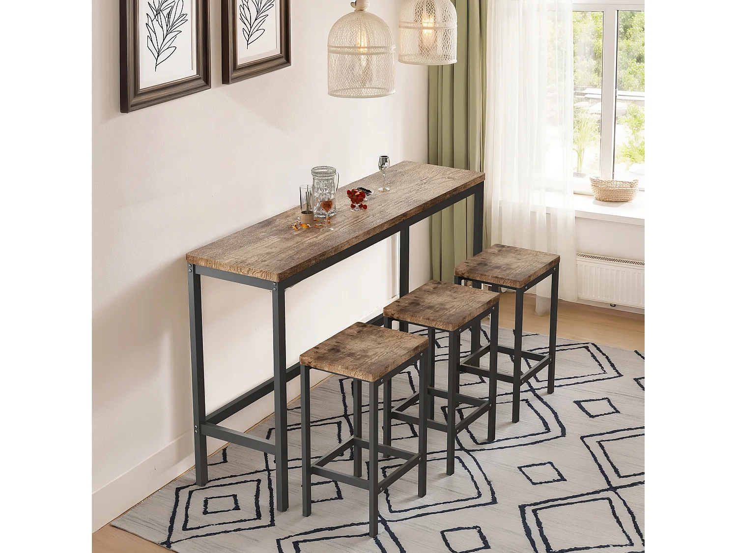 Conjunto de mesa de bar de 4 peças MDF metal cozinha sala de jantar 148x40x90 cm madeira natural