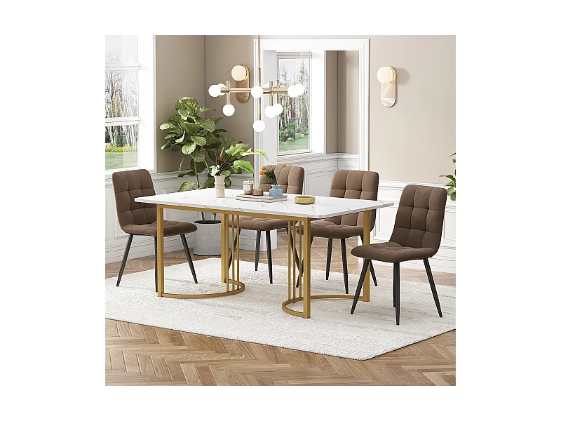 Conjunto de jantar de 5 peças, mesa de MDF 140×80 cm, pernas de metal dourado, cadeiras de linho marrom
