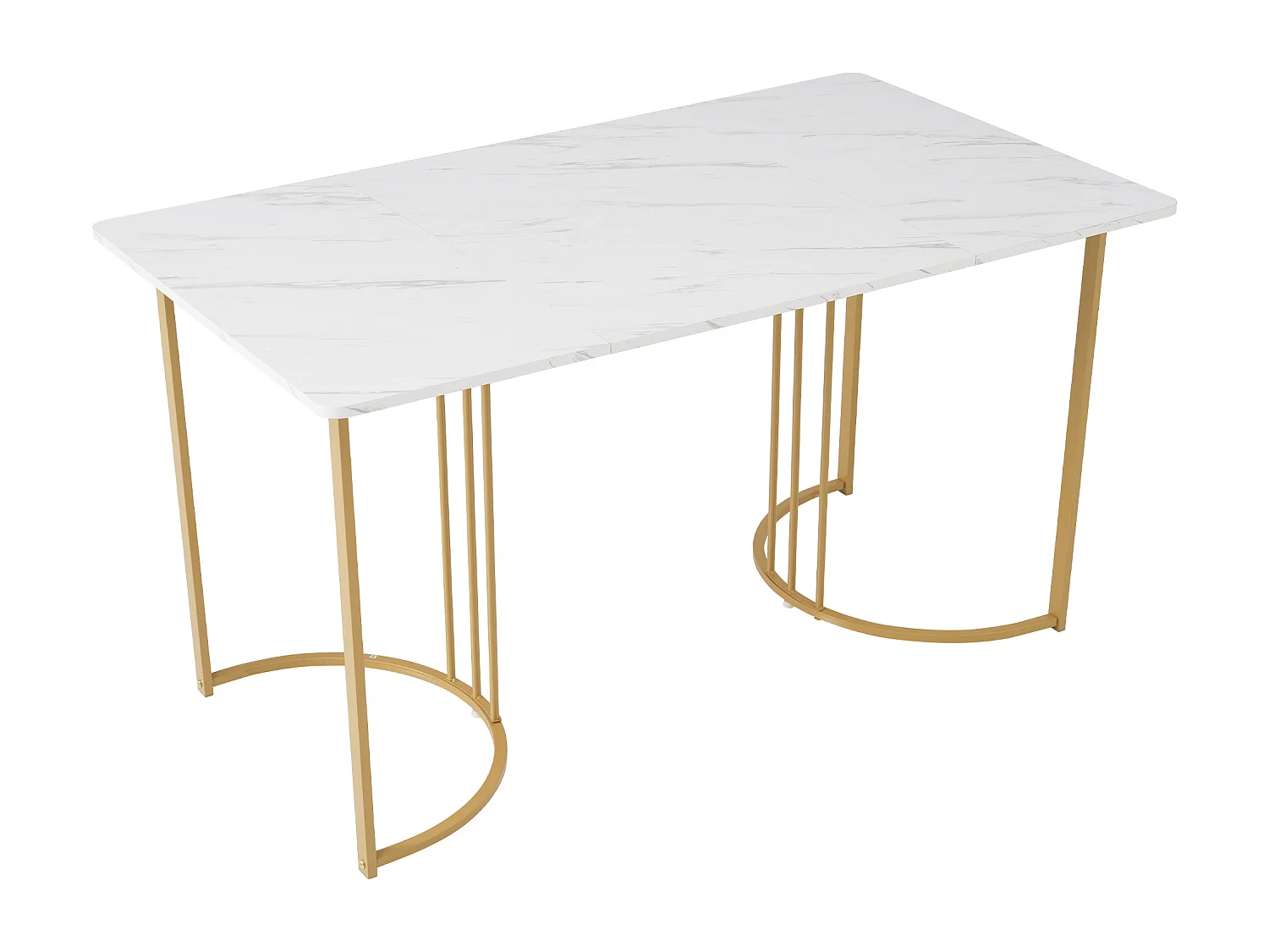 Conjunto de jantar de 5 peças, mesa de MDF 140×80 cm, pernas de metal dourado, cadeiras de linho marrom
