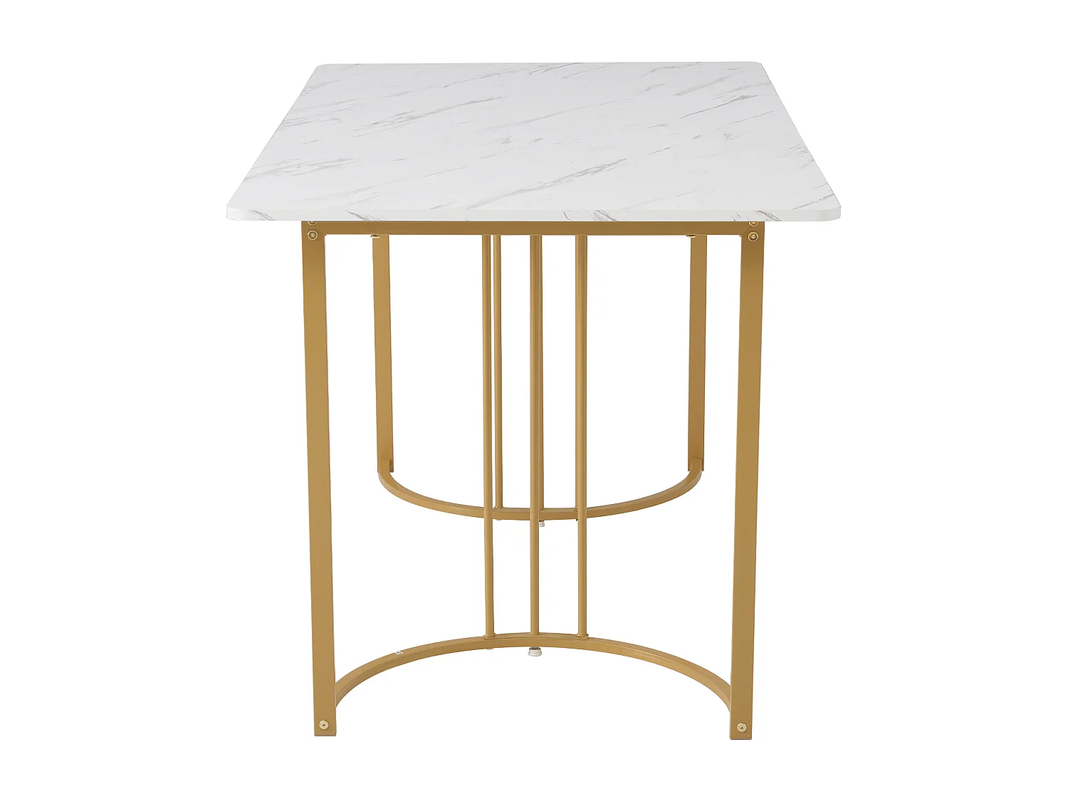 Conjunto de jantar de 5 peças, mesa de MDF 140×80 cm, pernas de metal dourado, cadeiras de linho marrom