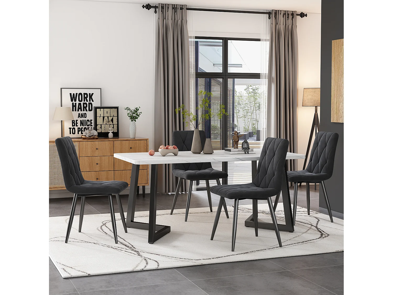 Ensemble Salle à Manger 5 Pezzi Tavolo 117×68 cm MDF Bianco Effetto Marmo Pieds Metallo Chaises Velours Gris