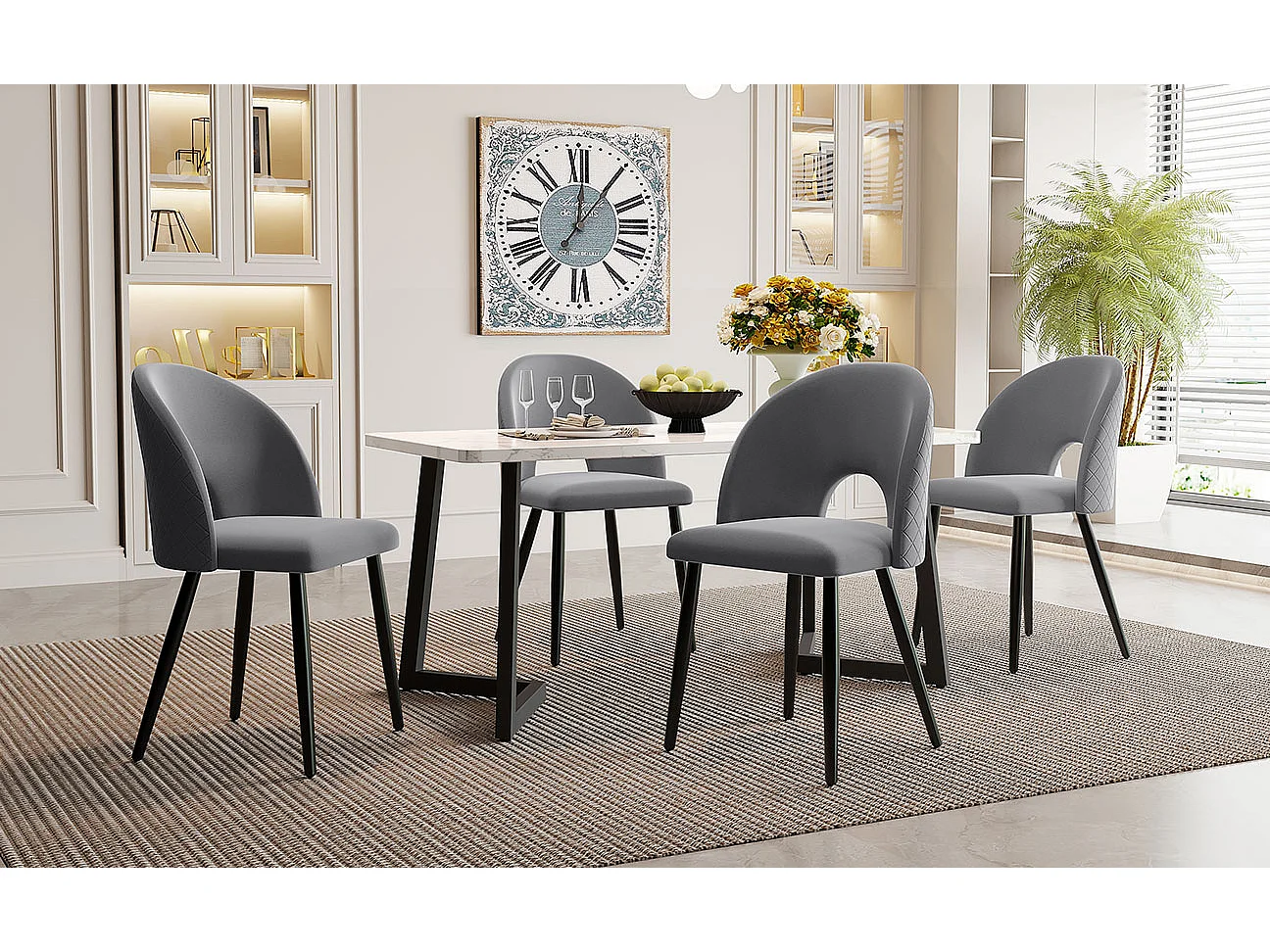 Conjunto de jantar com 5 peças, mesa 117×68 cm, pernas de metal em MDF, cadeiras, veludo cinza diamante