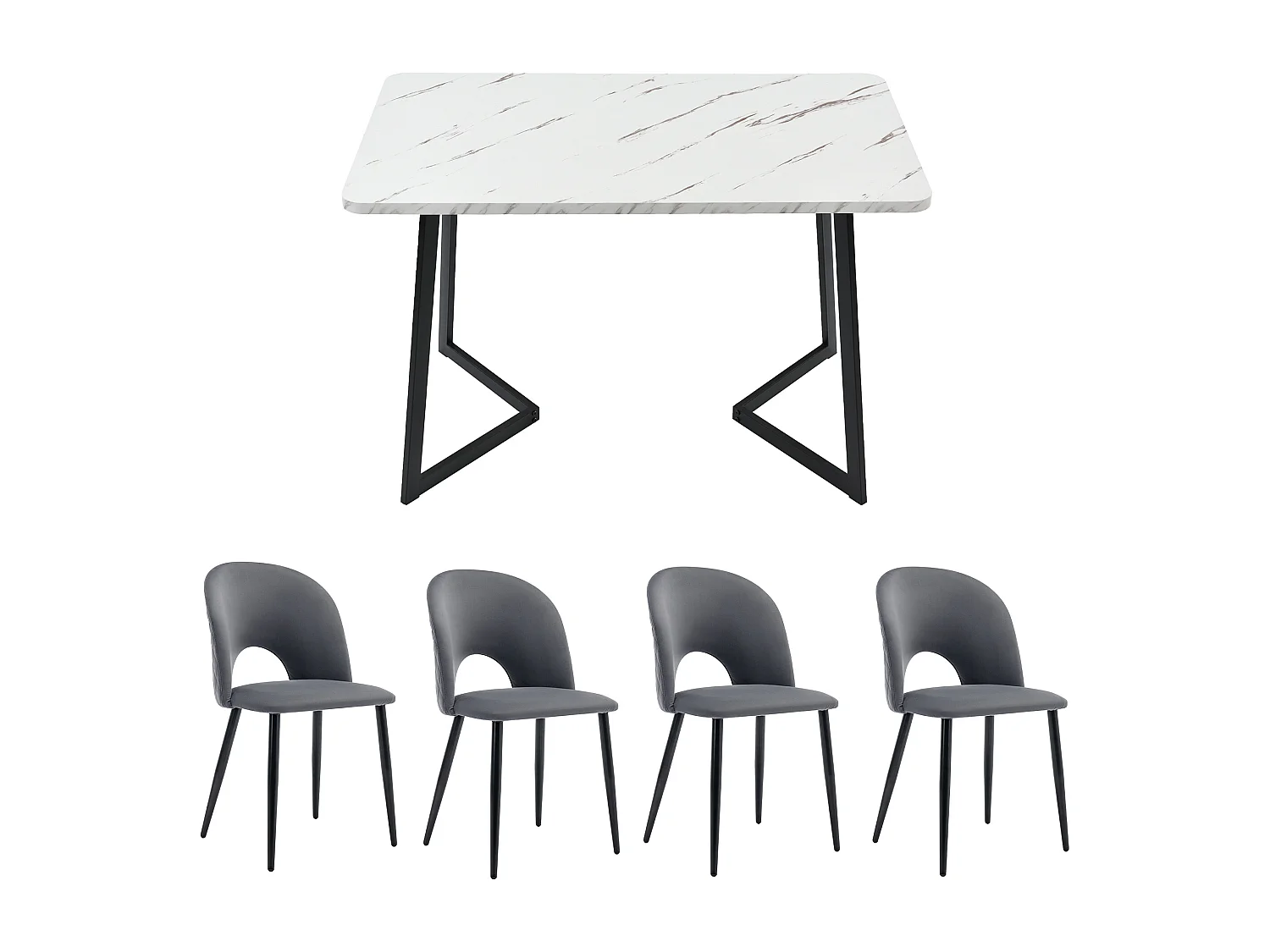 Conjunto de jantar com 5 peças, mesa 117×68 cm, pernas de metal em MDF, cadeiras, veludo cinza diamante
