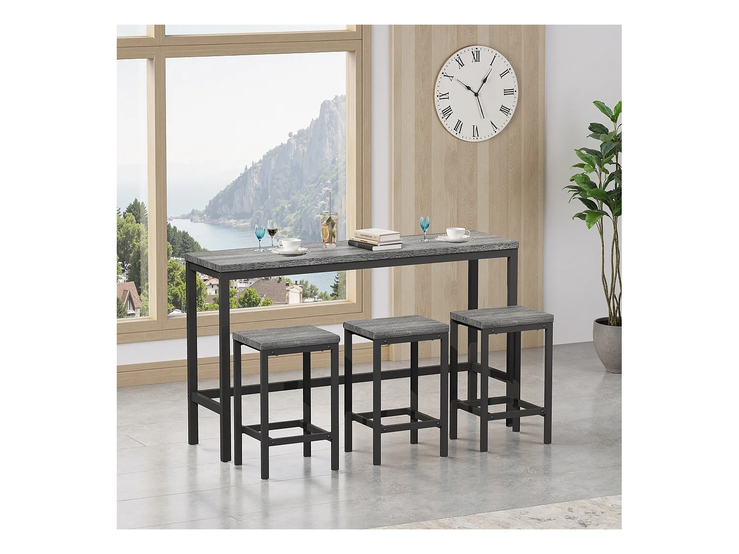 Conjunto de mesa alta 4 piezas MDF metal cocina comedor gris 148x40x90 cm