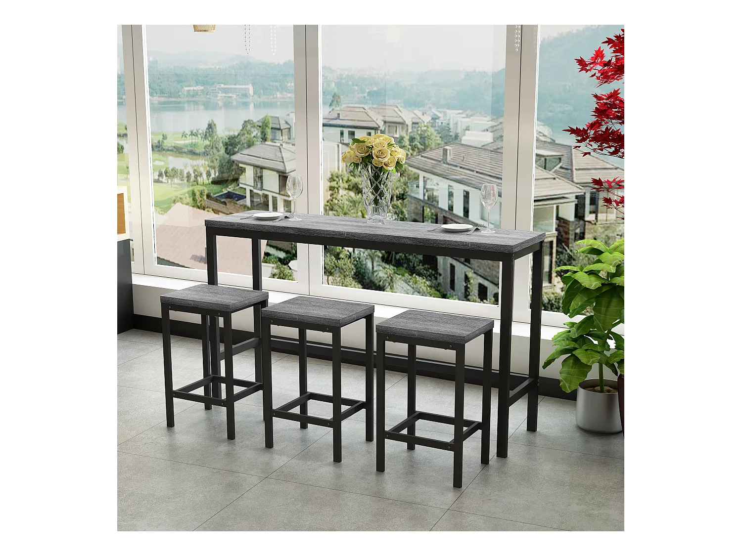 Conjunto de mesa alta 4 piezas MDF metal cocina comedor gris 148x40x90 cm