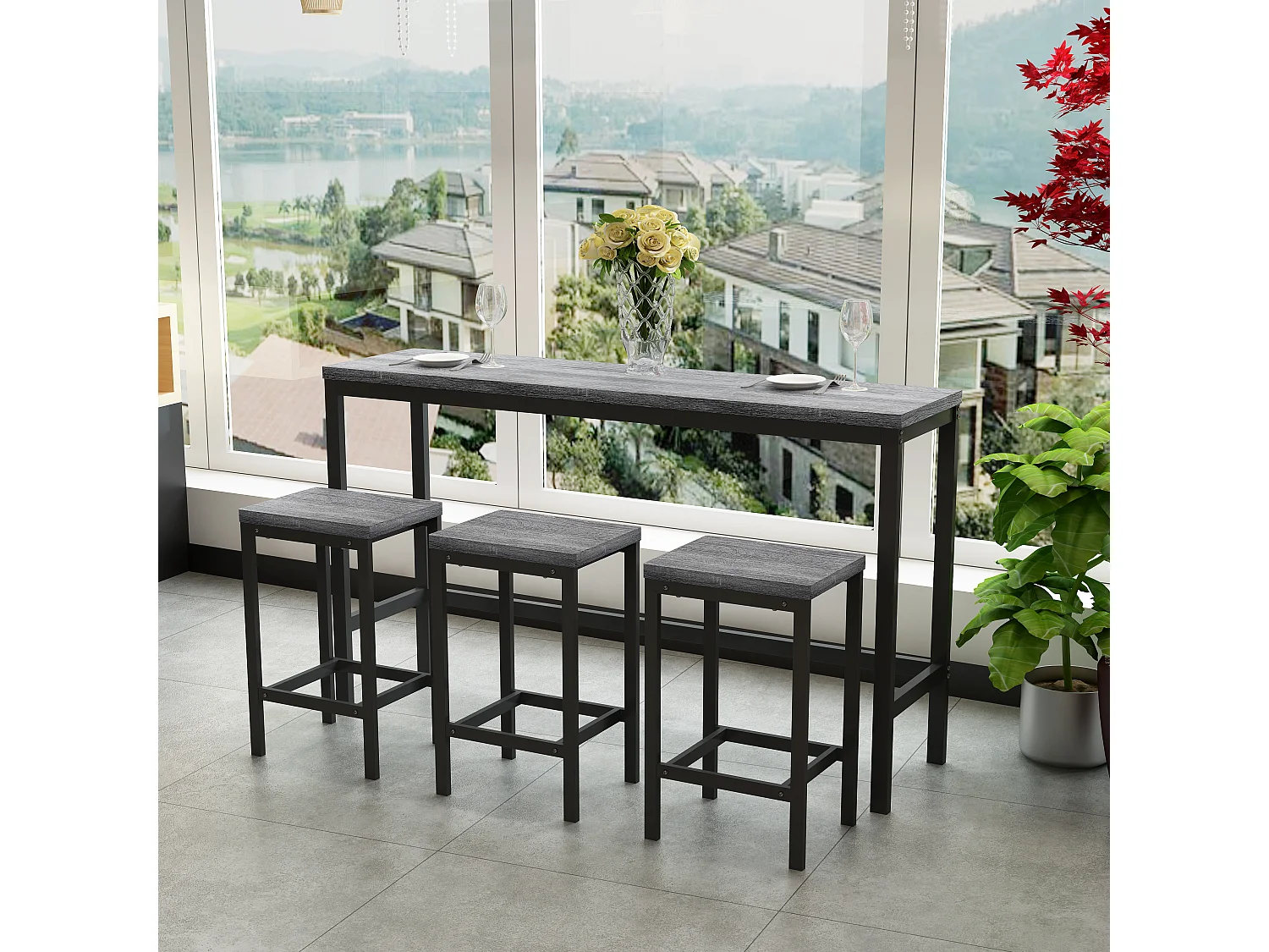 Tavolo completo alto 4 pezzi MDF metallo cucina salle à manger grigio 148x40x90 cm