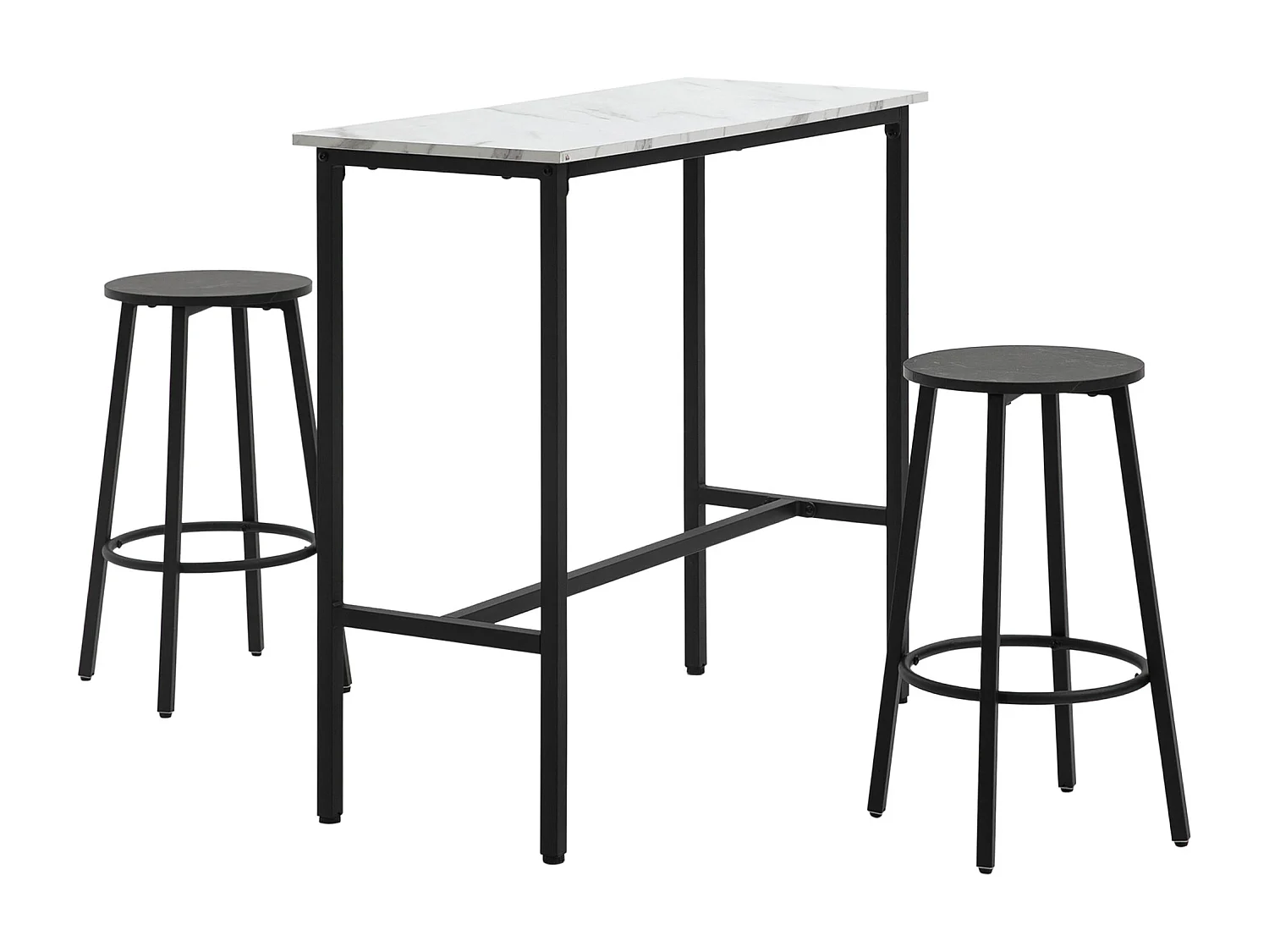 Conjunto de bar de 3 peças com mesa de metal MDF e 2 bancos para cozinha, sala de estar, branco e preto