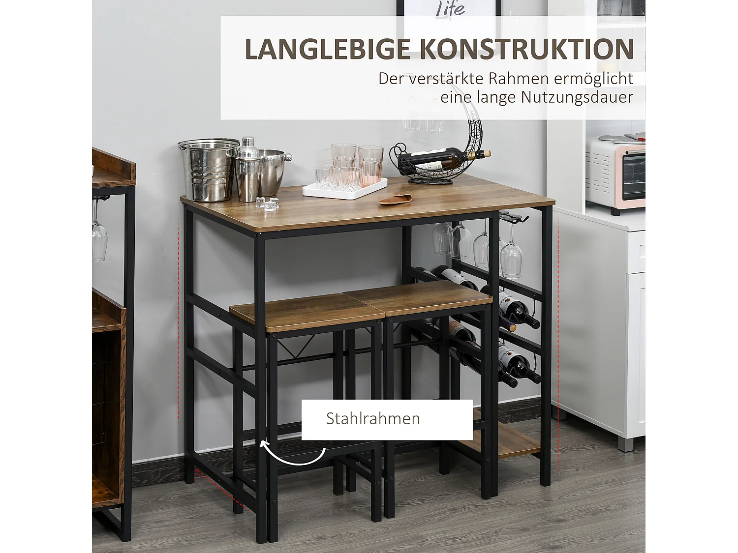 Conjunto de bar de 3 peças, mesa de metal MDF, 2 bancos, cozinha, sala de estar, preto natural