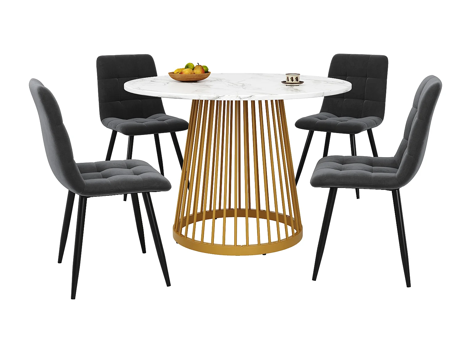 Mesa redonda blanca de 80 cm con 4 sillas de terciopelo gris y patas de metal dorado, juego de comedor moderno