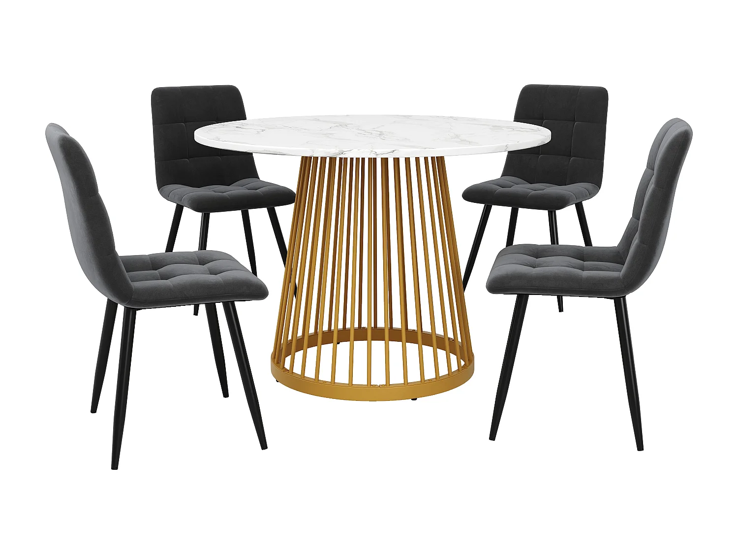 Mesa redonda blanca de 80 cm con 4 sillas de terciopelo gris y patas de metal dorado, juego de comedor moderno