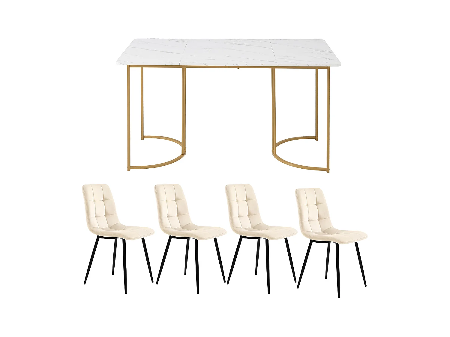Conjunto de jantar de 5 peças, mesa de MDF 140×80 cm, pernas de metal dourado, cadeiras de veludo bege