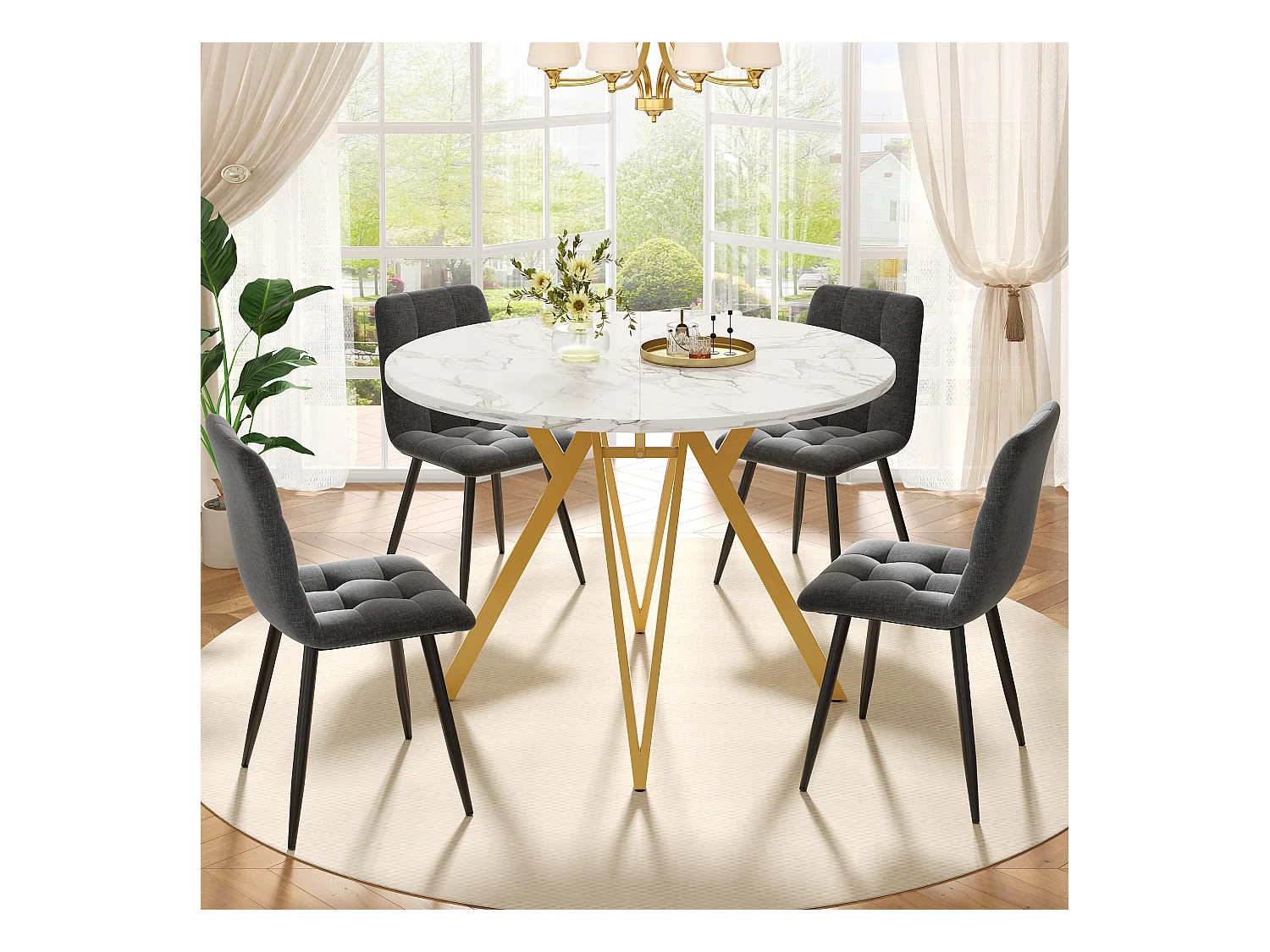 Conjunto de comedor de 5 piezas con mesa redonda de MDF efecto mármol de 100 cm y patas de metal dorado y sillas de tela gris