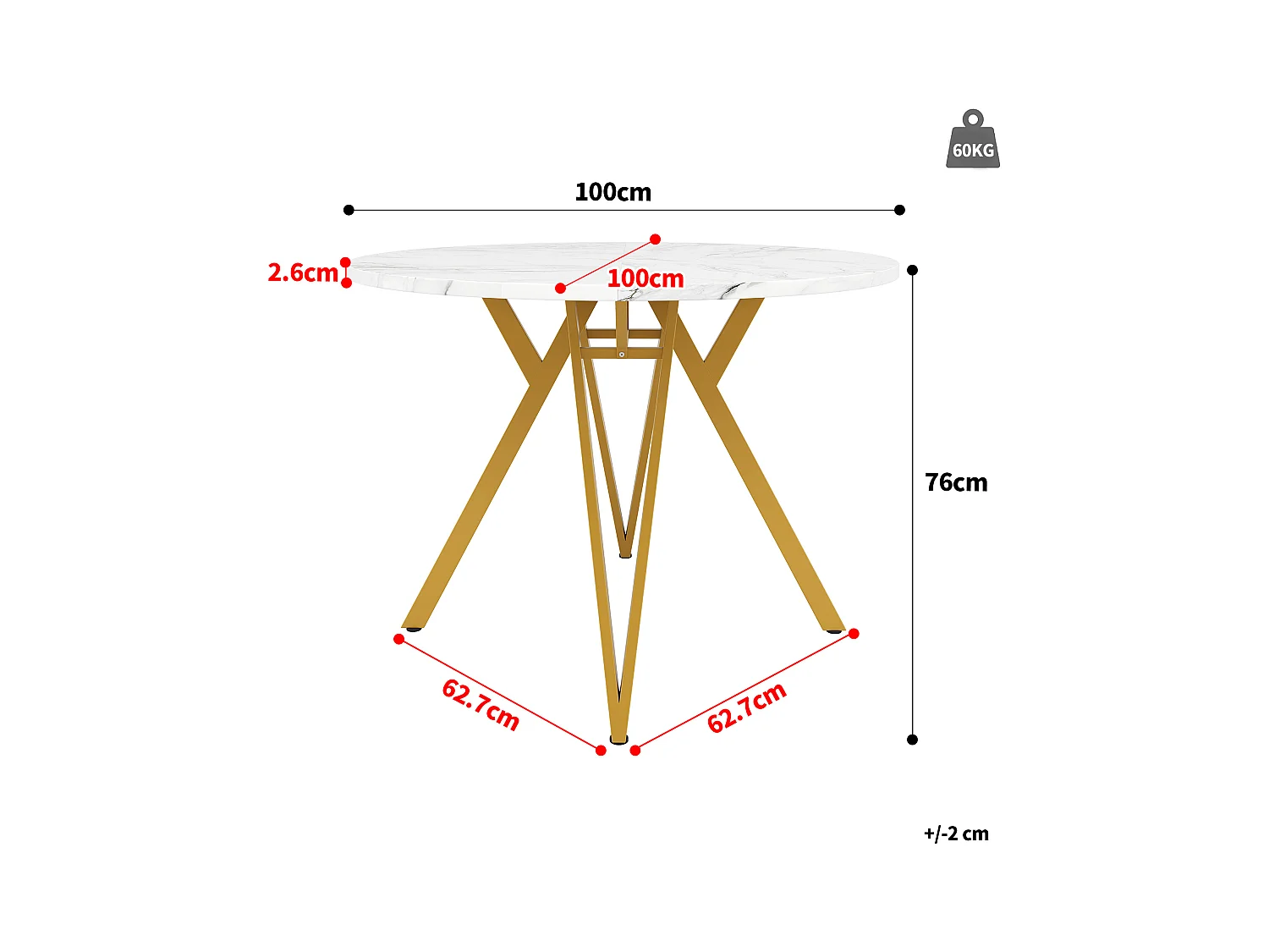 Conjunto de comedor de 5 piezas con mesa redonda de MDF efecto mármol de 100 cm y patas de metal dorado y sillas de tela gris