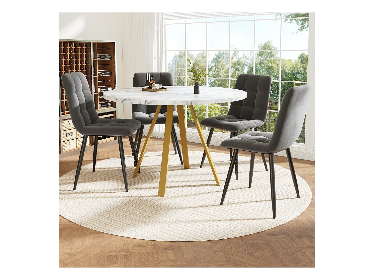Conjunto mesa redonda 80 cm 4 sillas terciopelo gris patas metal mesa mármol blanco