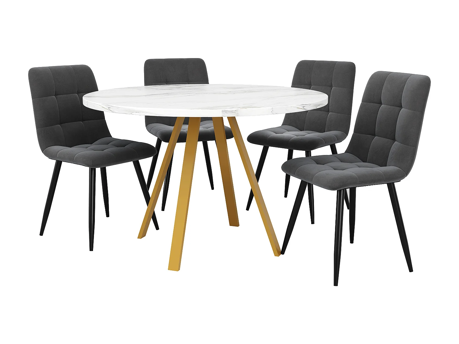 Conjunto mesa redonda 80 cm 4 sillas terciopelo gris patas metal mesa mármol blanco