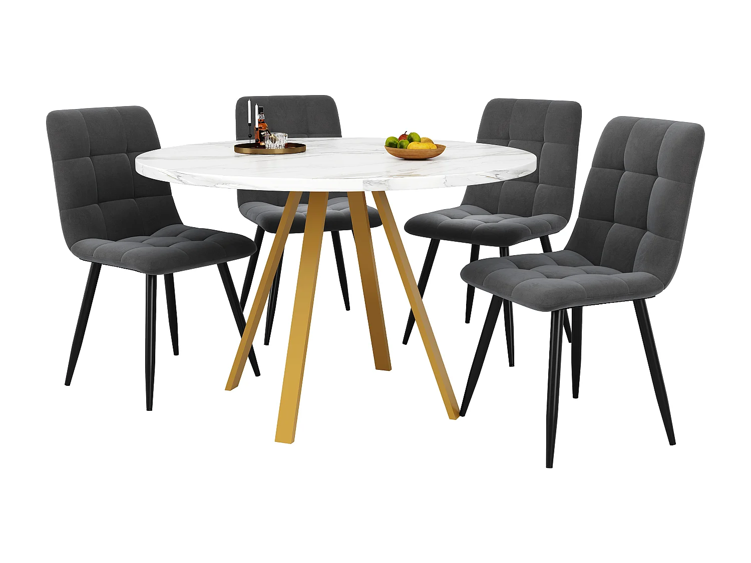 Conjunto mesa redonda 80 cm 4 sillas terciopelo gris patas metal mesa mármol blanco