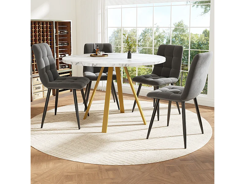 Conjunto mesa redonda 80 cm 4 sillas terciopelo gris patas metal mesa mármol blanco