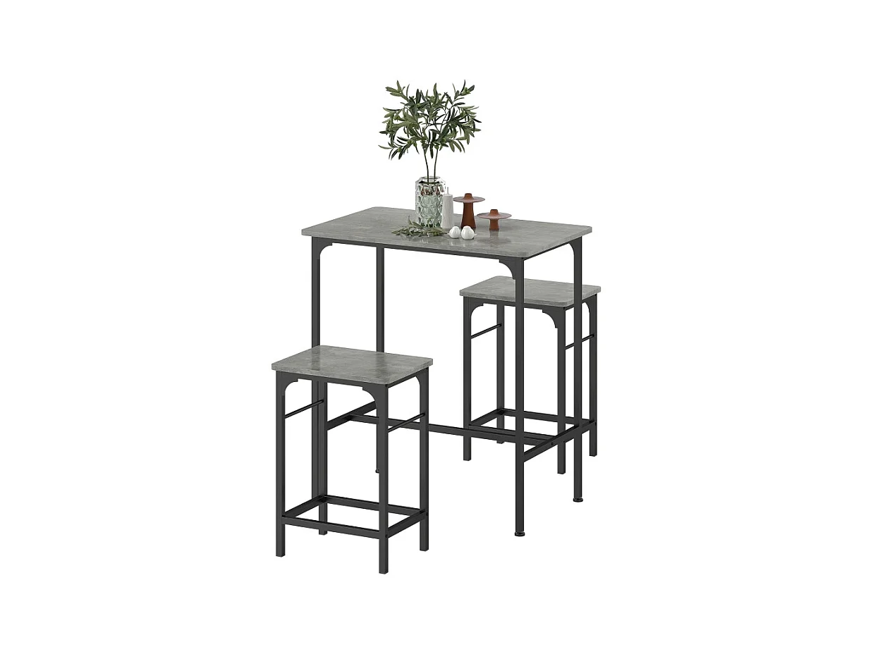 Conjunto de bar de 3 peças, mesa alta 80x50 cm + 2 bancos de metal madeira cinza para cozinha