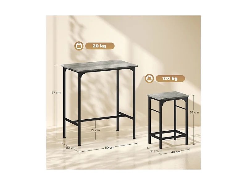 Conjunto de bar de 3 peças, mesa alta 80x50 cm + 2 bancos de metal madeira cinza para cozinha