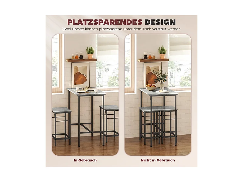 Conjunto de bar de 3 peças, mesa alta 80x50 cm + 2 bancos de metal madeira cinza para cozinha