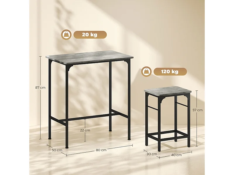 Ensemble bar 3 pezzi tavolo alto 80x50 cm + 2 tabourets métal bois gris pour kitchen