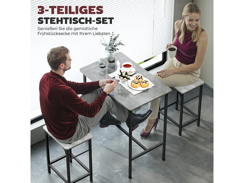 Ensemble bar 3 pezzi tavolo alto 80x50 cm + 2 tabourets métal bois gris pour kitchen