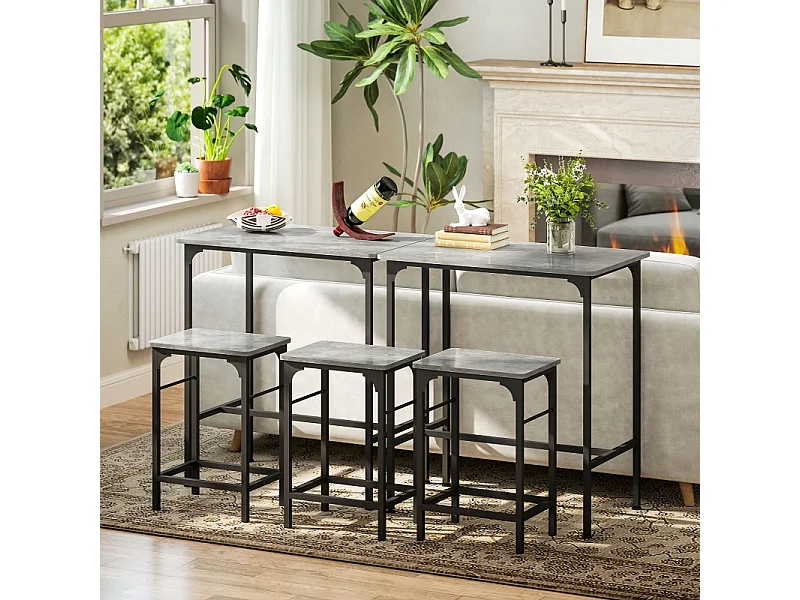 Ensemble bar 3 pezzi tavolo alto 80x50 cm + 2 tabourets métal bois gris pour kitchen