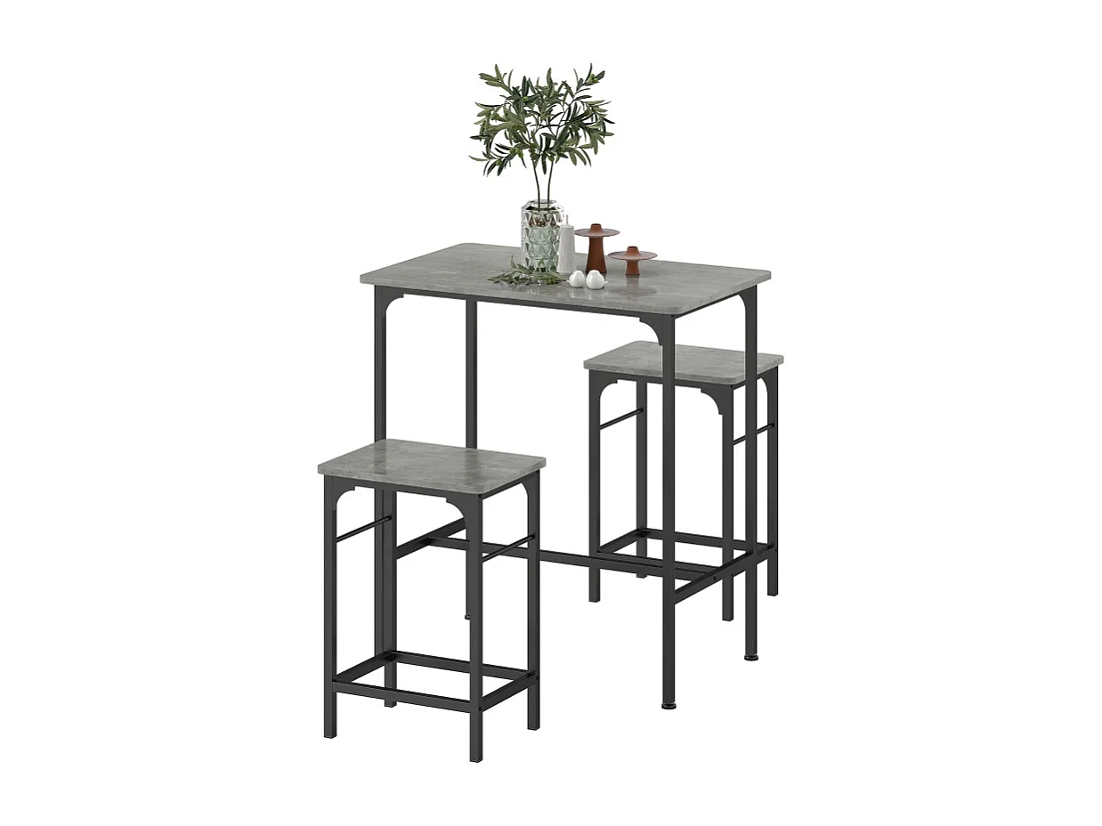 Conjunto bar 3 piezas, mesa alta 80x50 cm + 2 taburetes metal madera gris para cocina