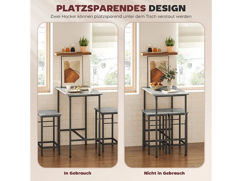 Conjunto bar 3 piezas, mesa alta 80x50 cm + 2 taburetes metal madera gris para cocina