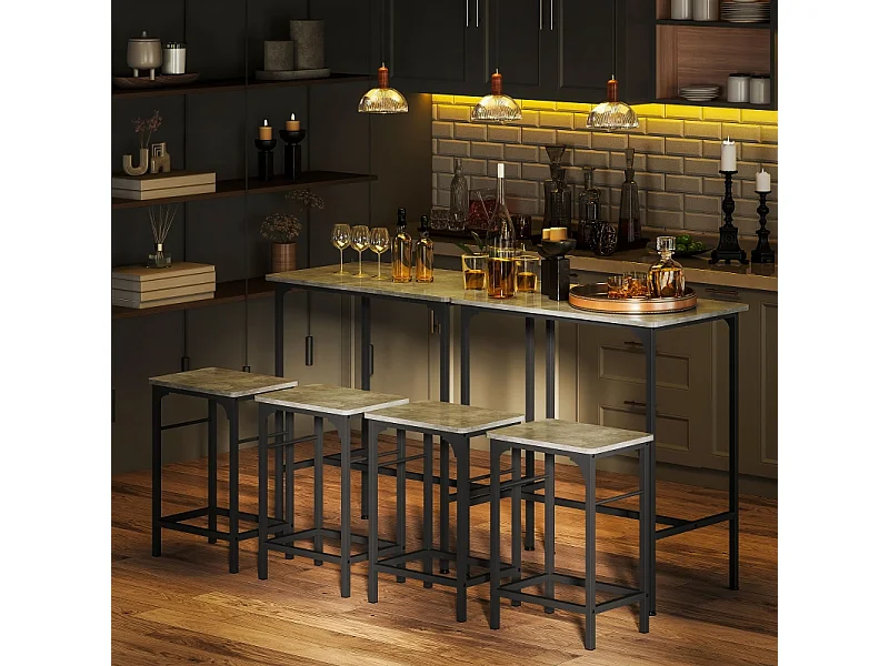 Conjunto bar 3 piezas, mesa alta 80x50 cm + 2 taburetes metal madera gris para cocina