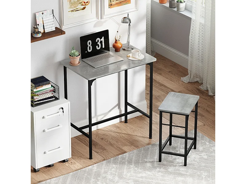 Conjunto bar 3 piezas, mesa alta 80x50 cm + 2 taburetes metal madera gris para cocina